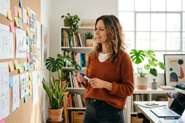 Mujer mirando un corcho con actividades que hacer